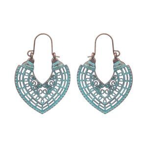 Bohemian Turquoise Blue & Bronze Tone Dangle Curved Hoop Earrings Hinged Back